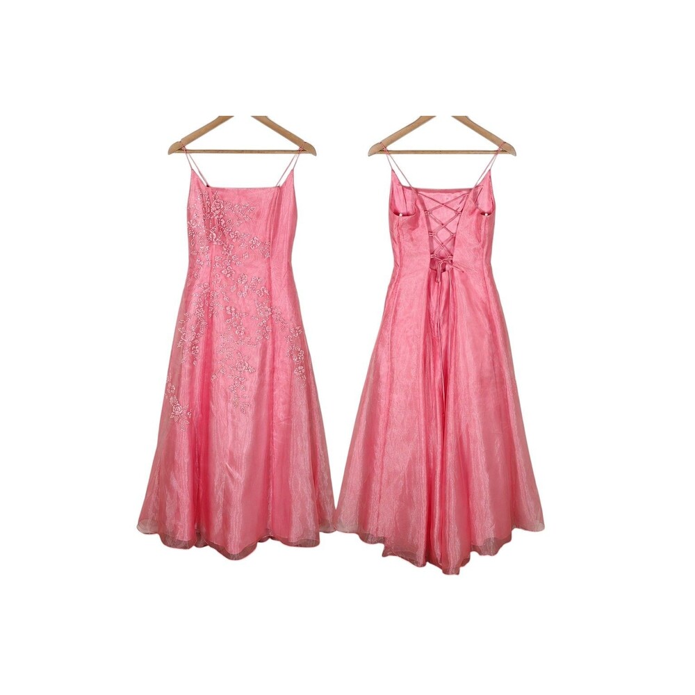 VTG Y2K Pink Organza Fairycore Prom Dress Size S Beaded Corset Back Evening USA